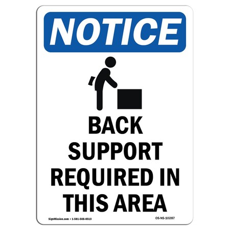 Signmission OSHA Notice Sign, Back Support Required With Symbol, 10in X 7in Decal, 7" W, 10" H, Portrait OS-NS-D-710-V-10287